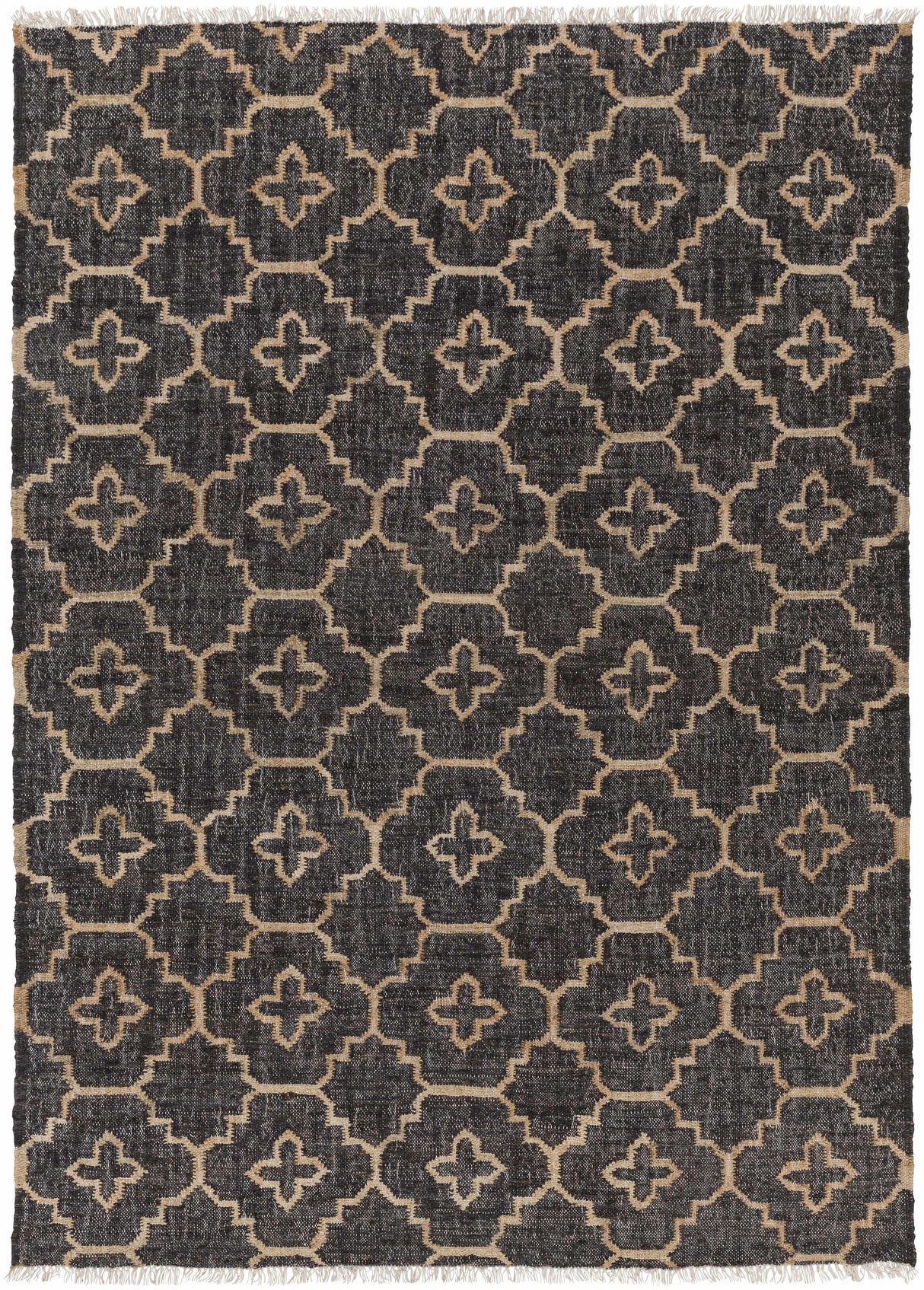 Astoria Black&Tan Trellis Fringed Jute Carpet - Clearance