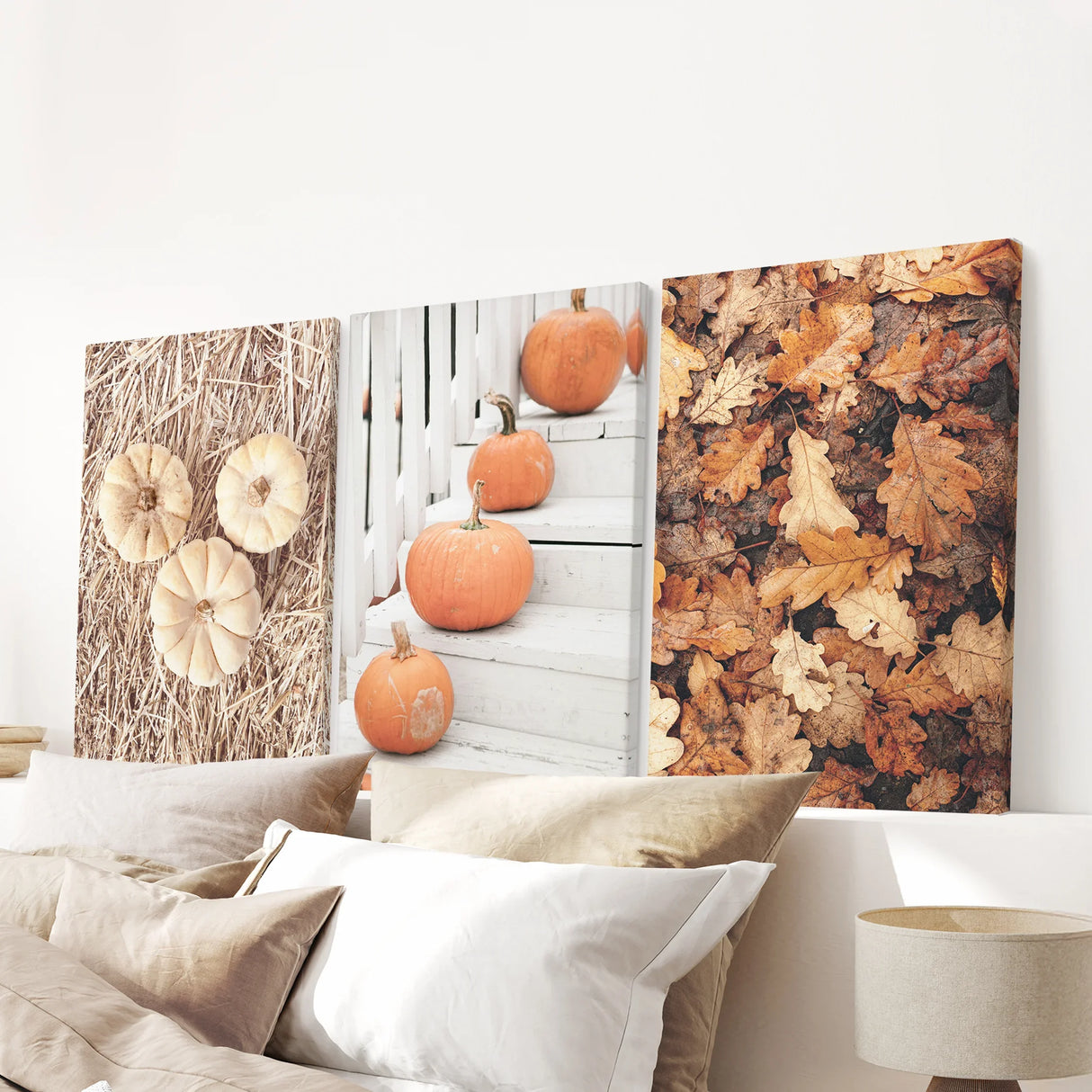 Cozy Fall Wall Art Set of 3. Pumpkins and Autumn Leaves