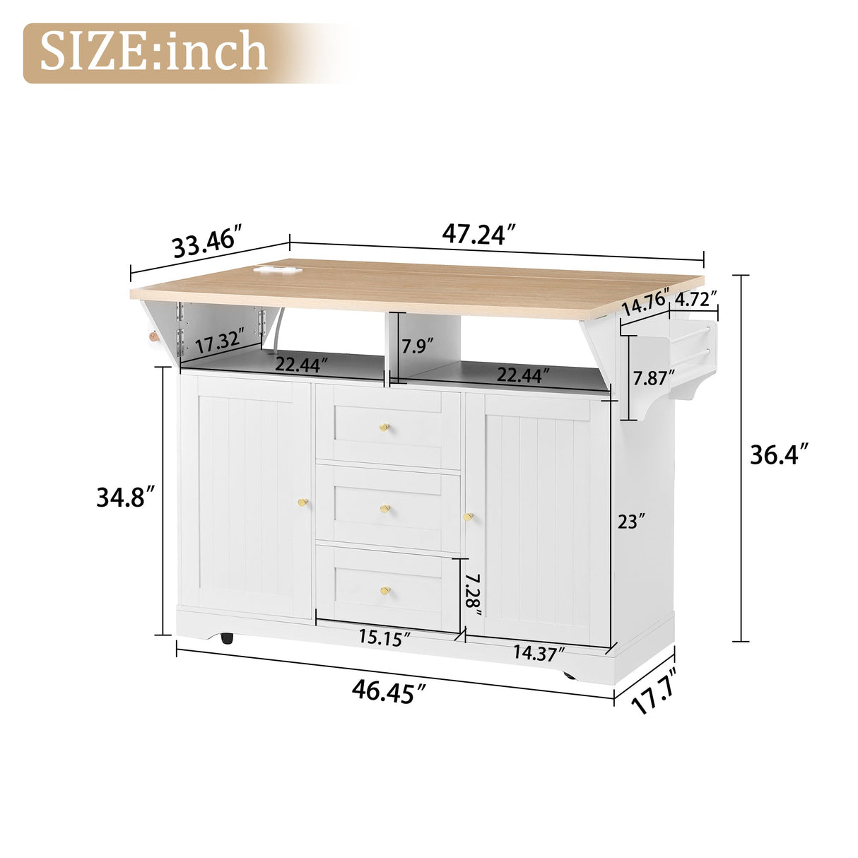 Large Kitchen Island with 2 Drop Leaf and Power Outlet