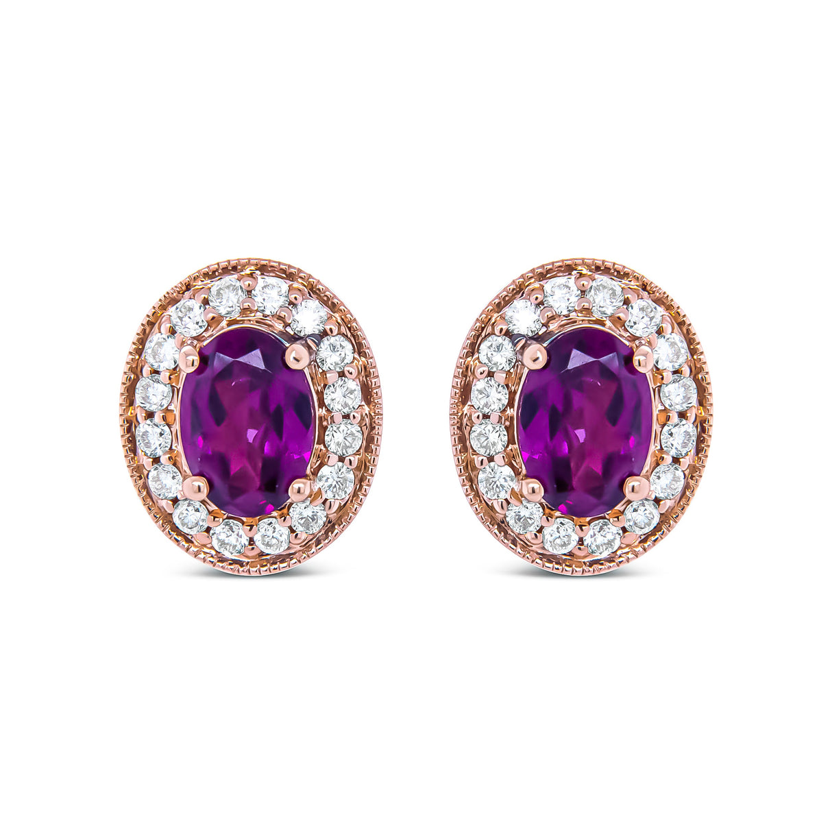 14K Rose Gold 7x5mm Oval Cut Garnet and 3/8 Cttw Round Diamond Halo Stud Earrings (G-H Color, SI1-SI2 Clarity)