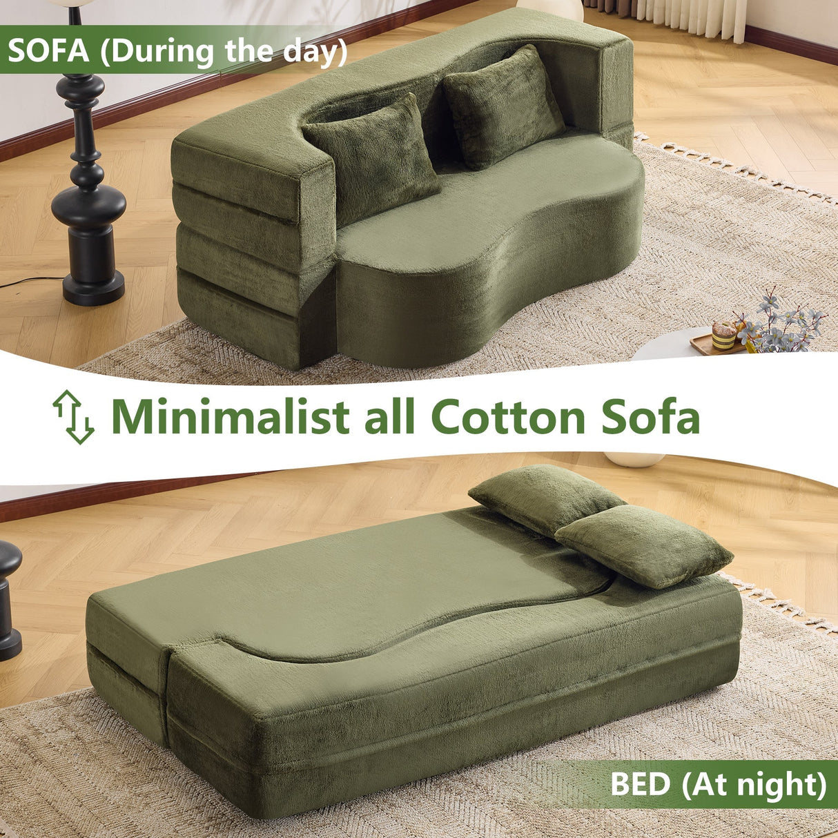 71-Inch Folding Sofa Bed in Green Plush Faux Fur