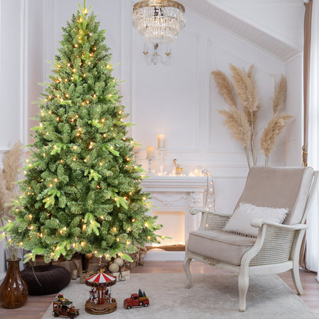 9FT-Pre-Lit-Christmas-Tree-with-800-UL-Warm-White-Lights-–-Classic-Green-Tree-with-3410-PE+PVC-Tips,-Hinged-Branches-for-Easy-Setup,-Sturdy-Metal-Stand,-Realistic-Full-Look-Christmas-Trees