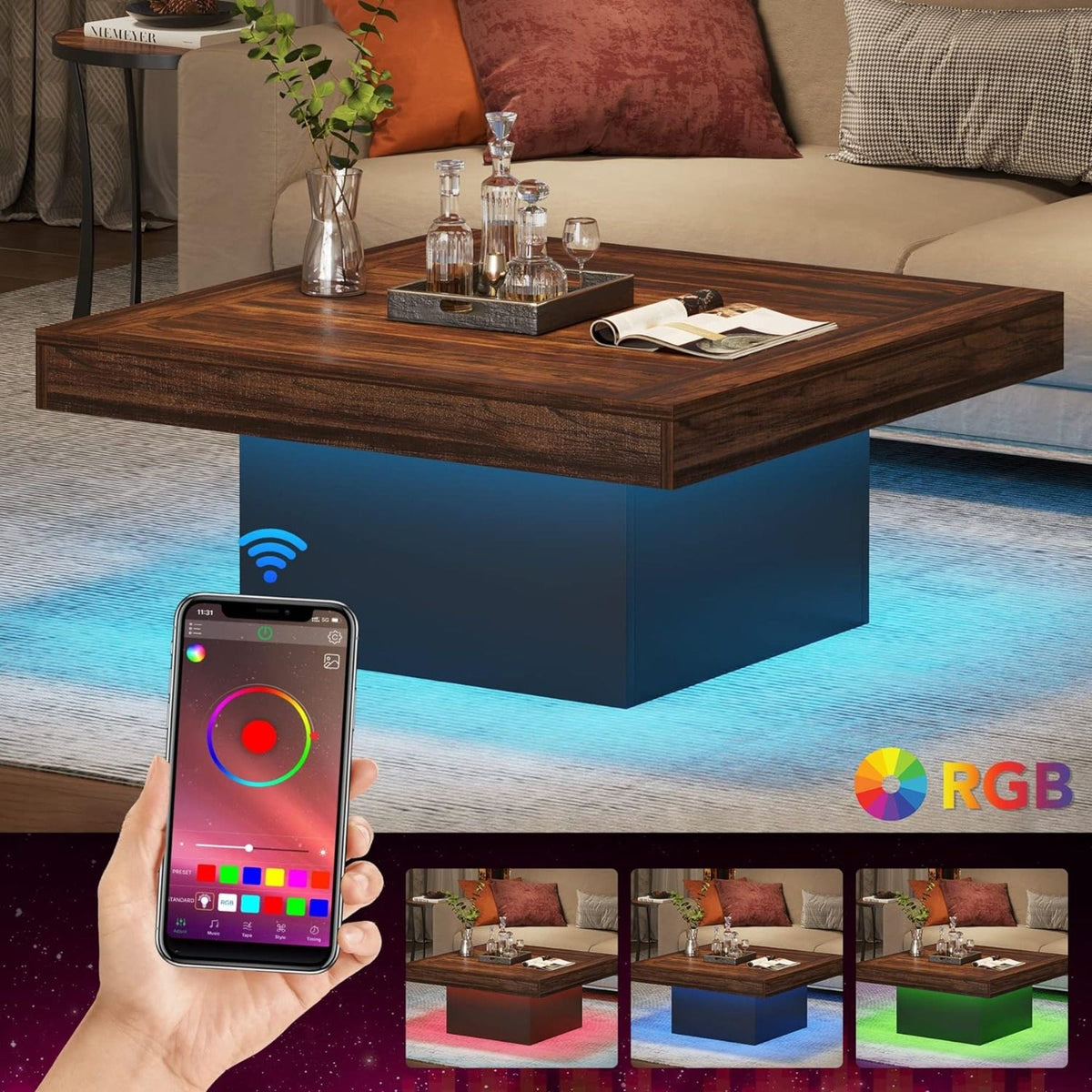 LED Coffee Table With Base, Center Table For Living Room - Rustic Brown