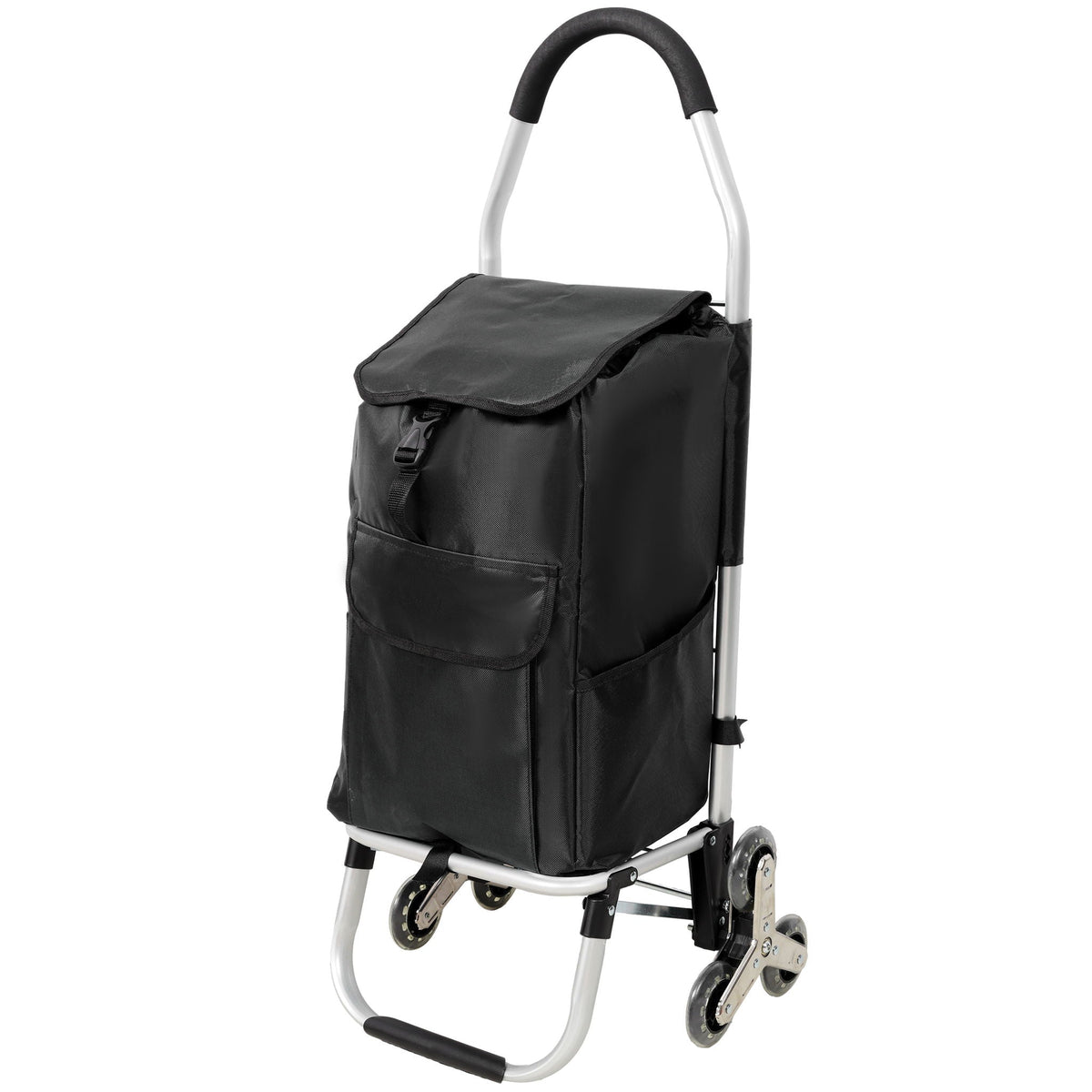 Foldable Shopping Stair Trolley With Triangular Wheels And Removable Waterproof Bag - Black