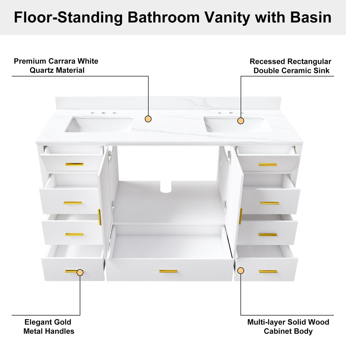 60" Solid Wood Bathroom Vanity with 2 Sinks