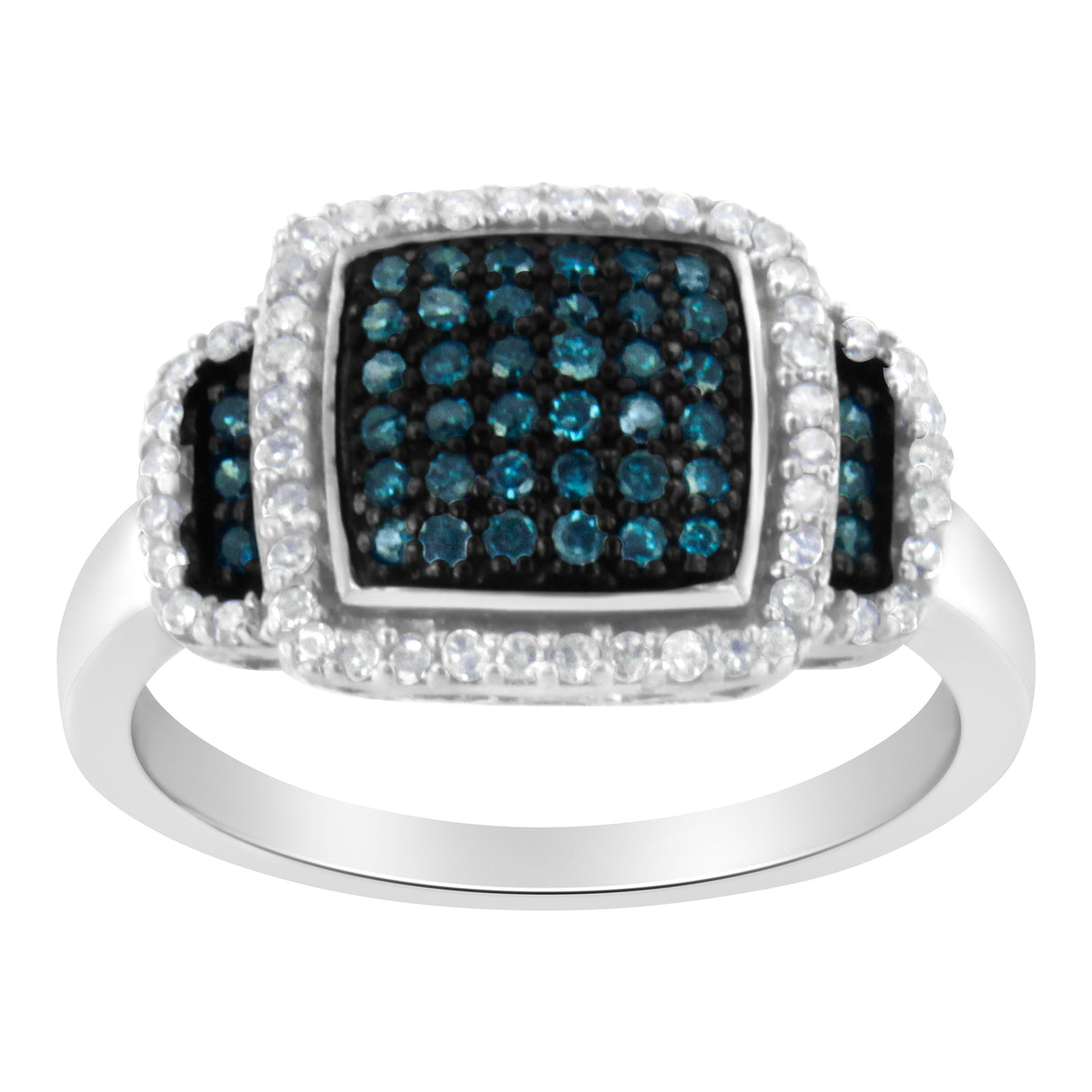 Black Rhodium Plated .925 Sterling Silver 1/2 Cttw White & Blue Diamond Square Halo Cocktail Ring (Fancy Blue & H-I Color, I2-I3 Clarity) - SIze 6