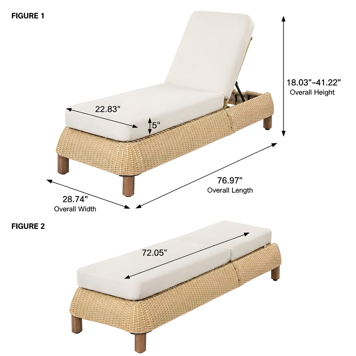 Adjustable Wicker Chaise Lounge Chairs Set of 2 with Cushions - Natural Wicker / Beige