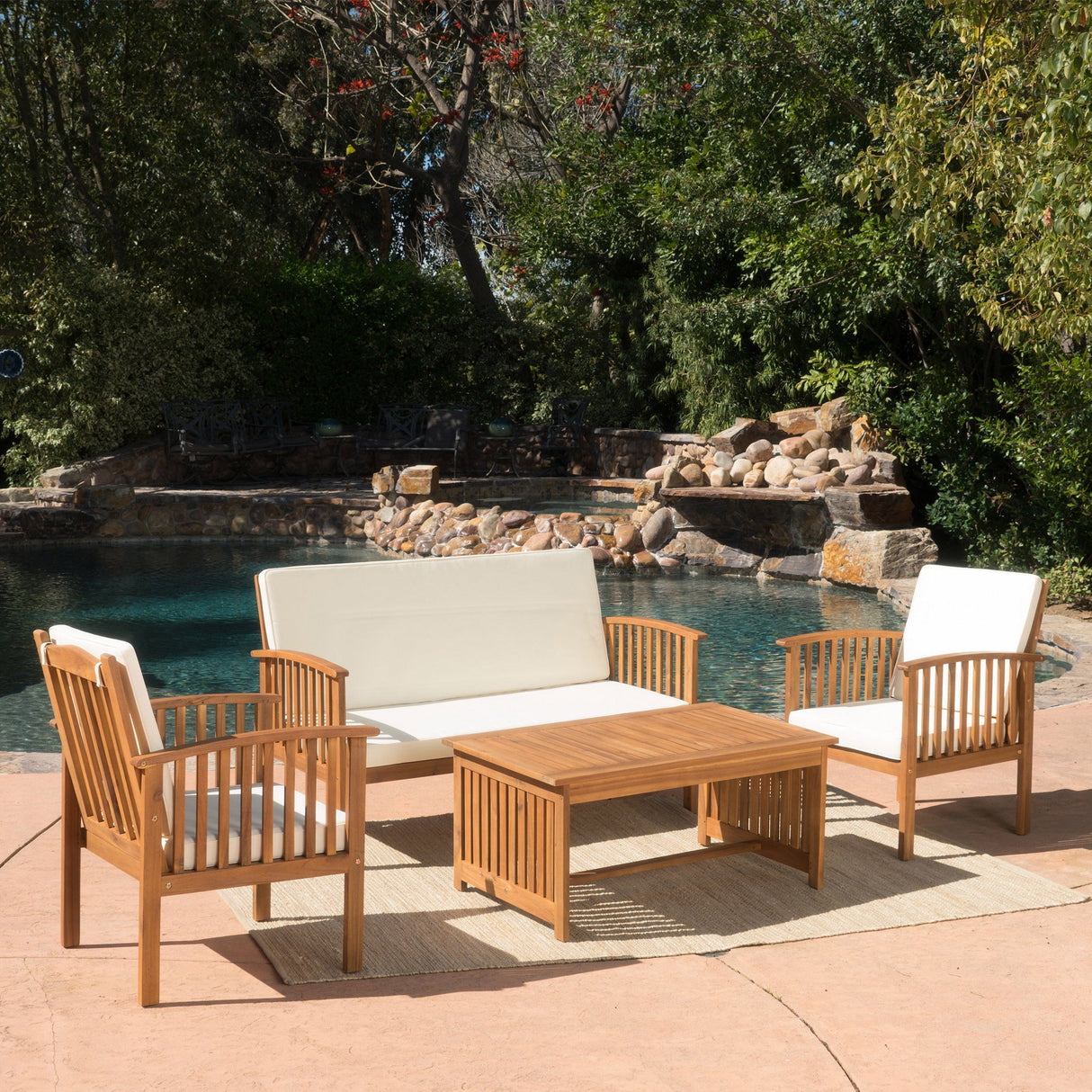 Acacia Wood Outdoor Chat Set with Water-Resistant Cushions, 4PC