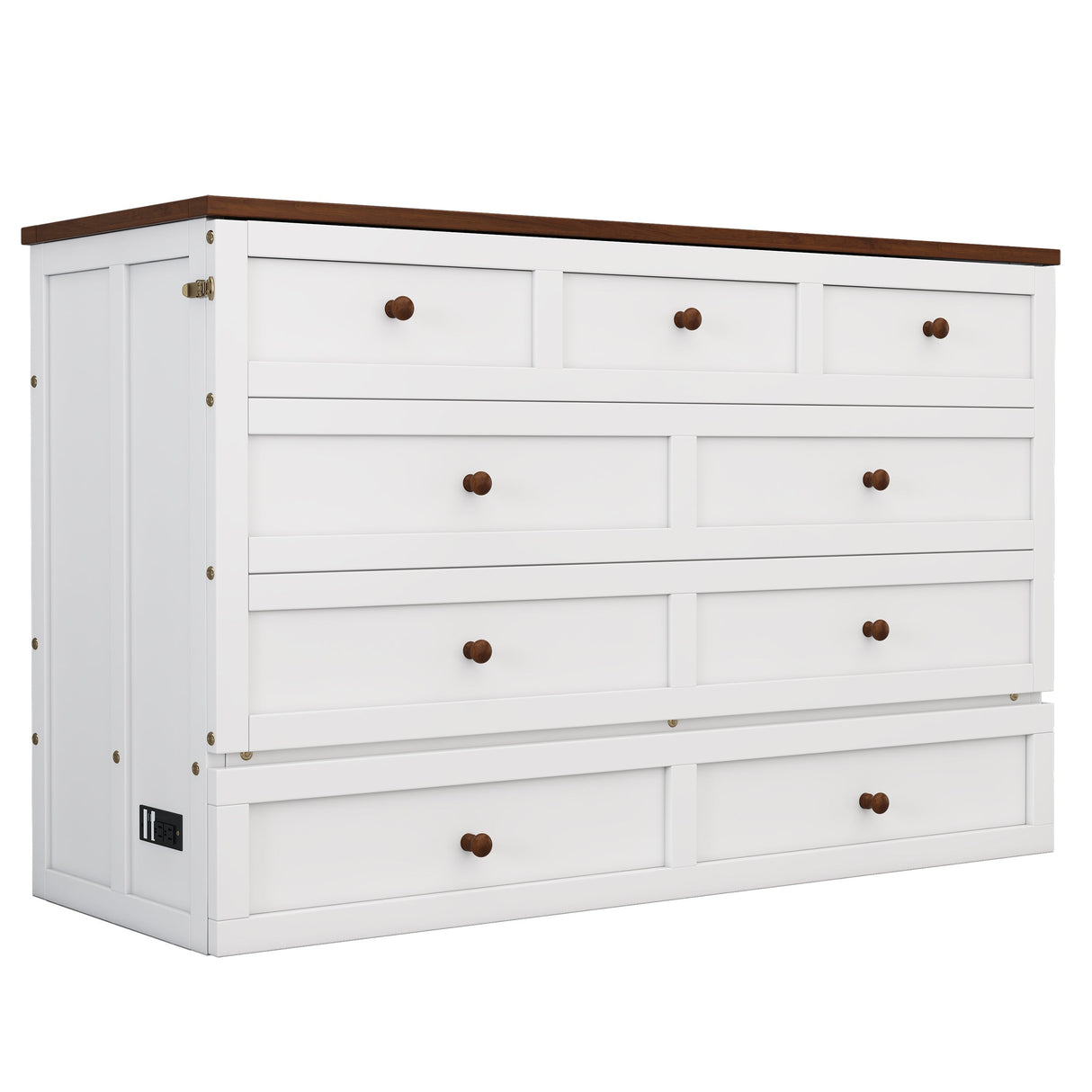 Solid Pine Murphy Bed Chest with Charging Station and Large Storage Drawer - Queen