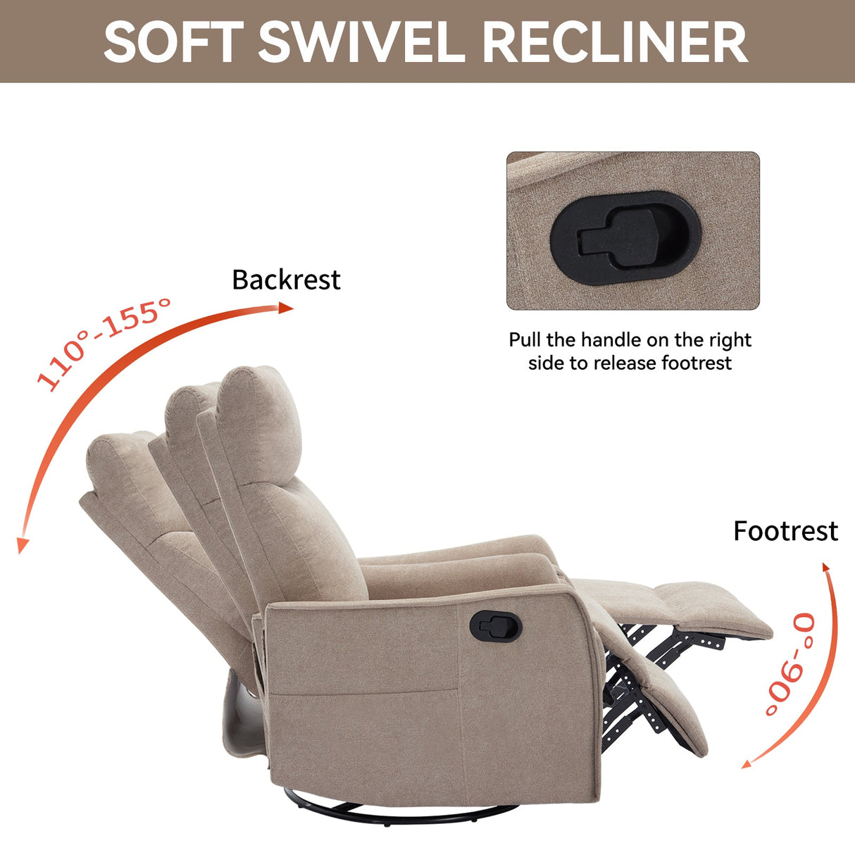 Heat Massage Manual Recliner Chair with Rocker and Swivel in Khaki