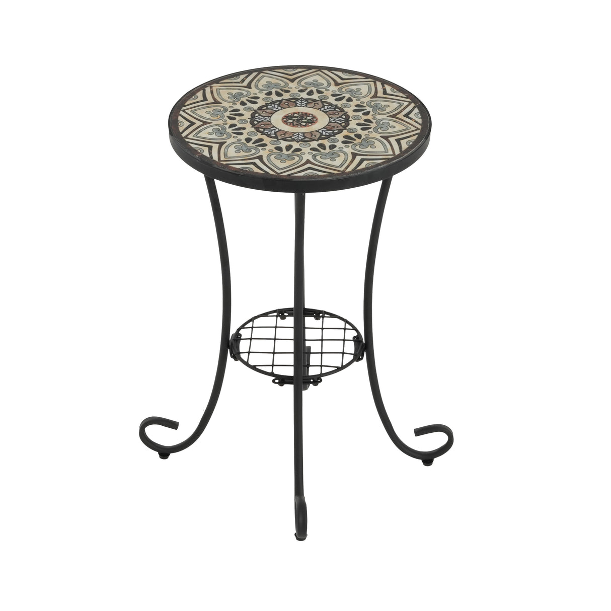 Ceramic Tile and Iron Patio Side Table with Shelf, Brown and Black