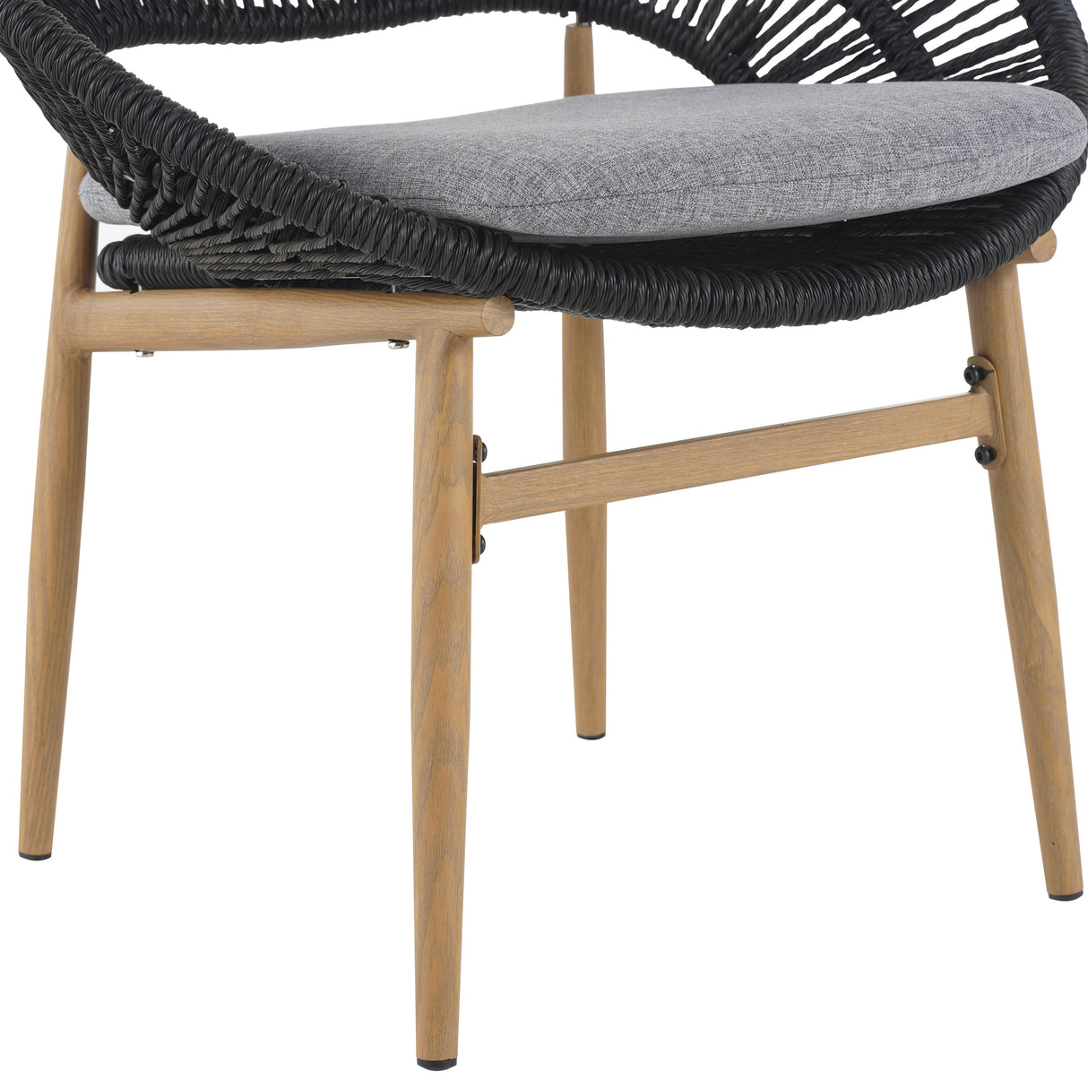 Cyril Outdoor Wicker Papasan Style Dining Chair with Teak Finished Leg and Dark Gray Faux RattanGray CushionSet of 2