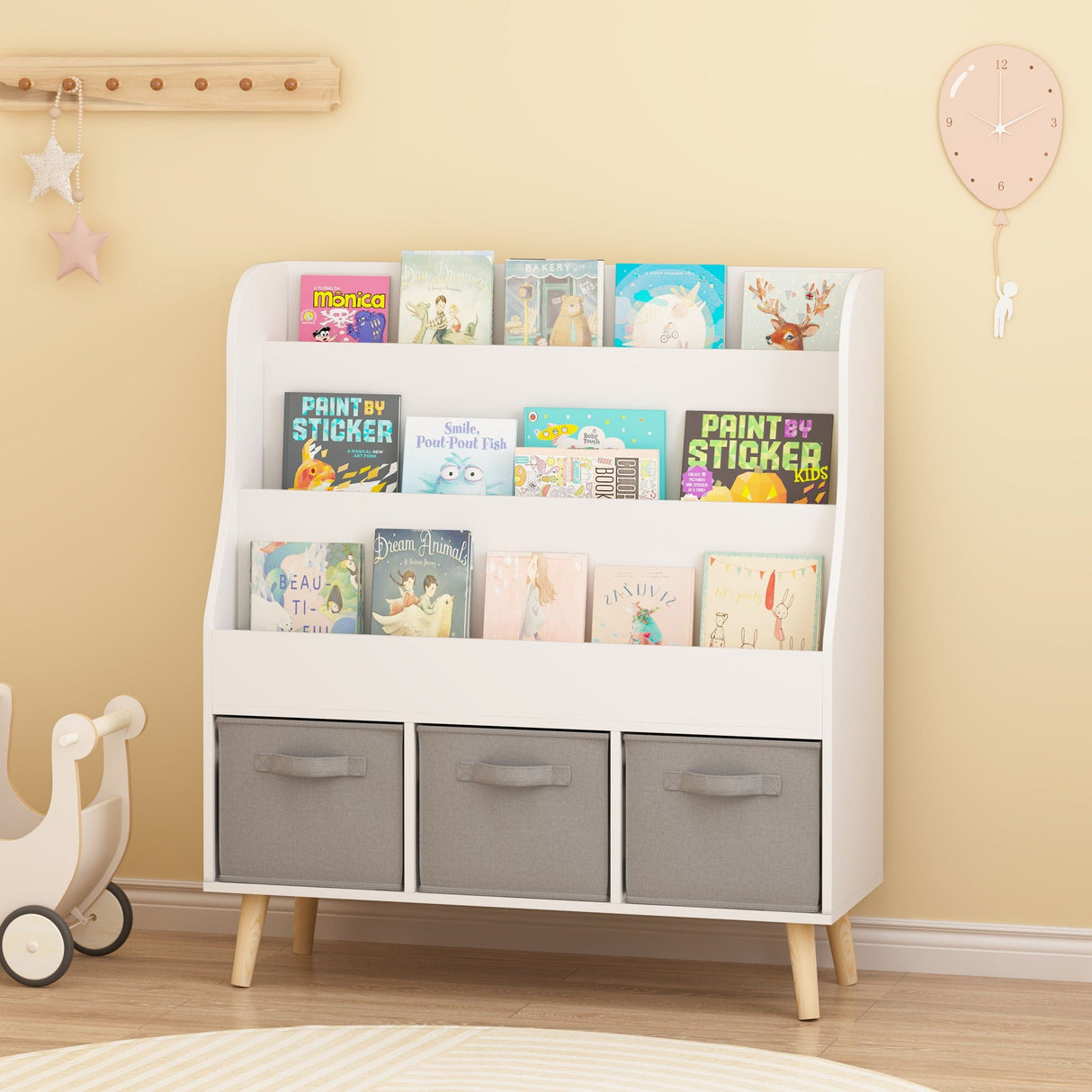 Bookshelf With 3 Storage Bins, Book Display Organizer, Front Facing Book Rack - White
