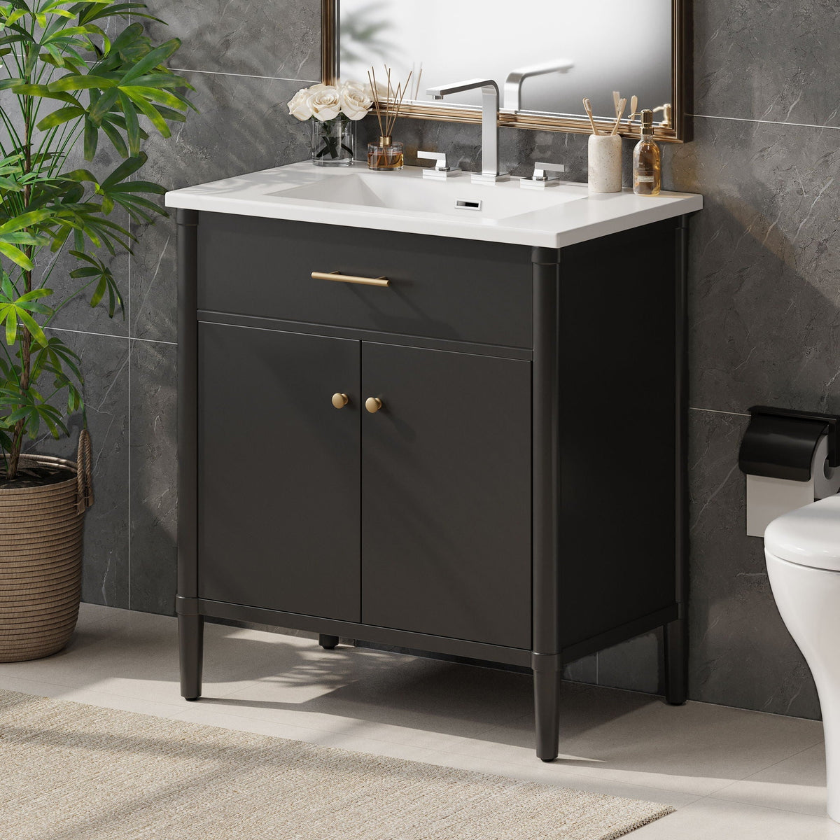 Bathroom Vanity with Sink and Adjustable Shelf - Soft Close Doors - Black, Green, or White