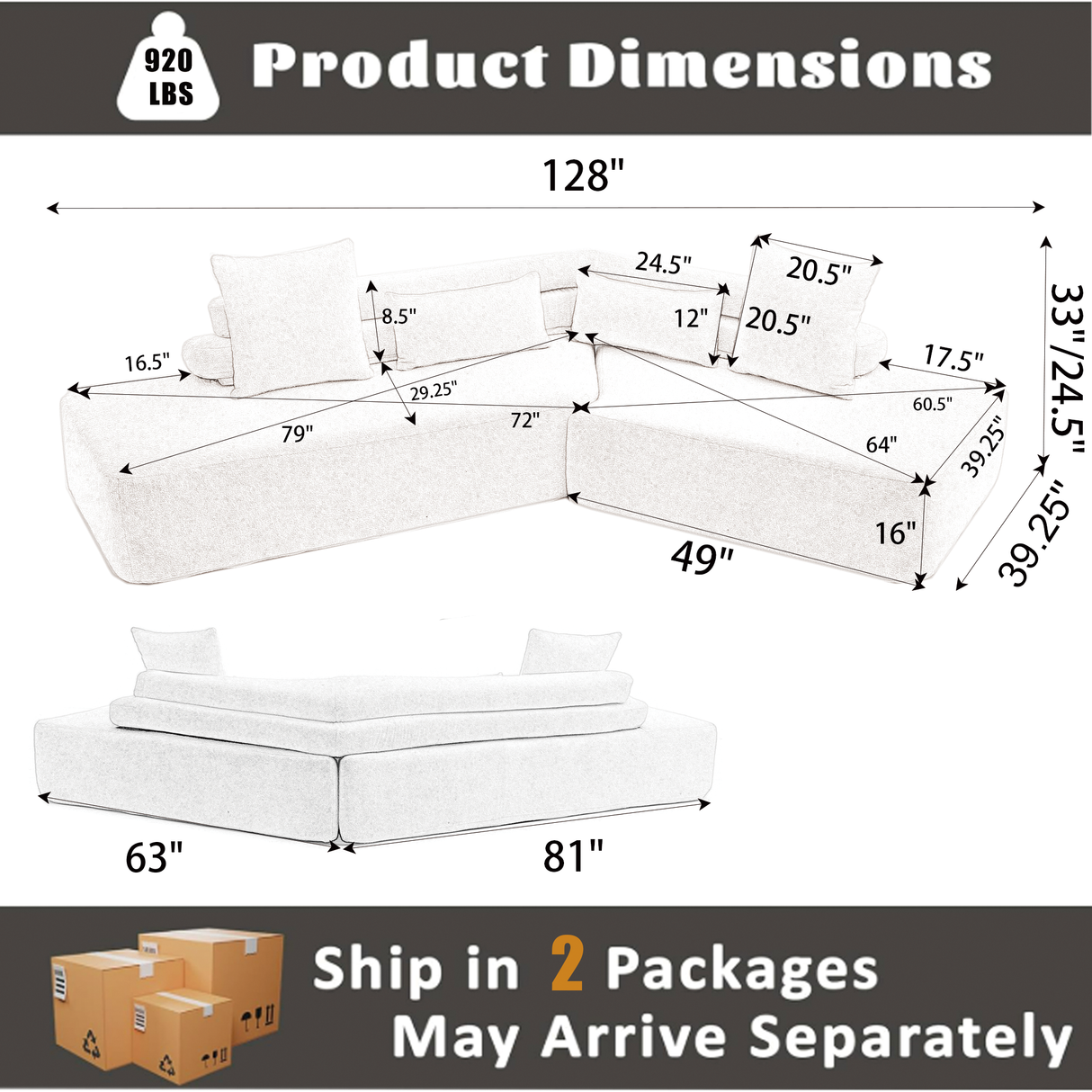 128" Minimalist Cloud Sectional Couch in Beige