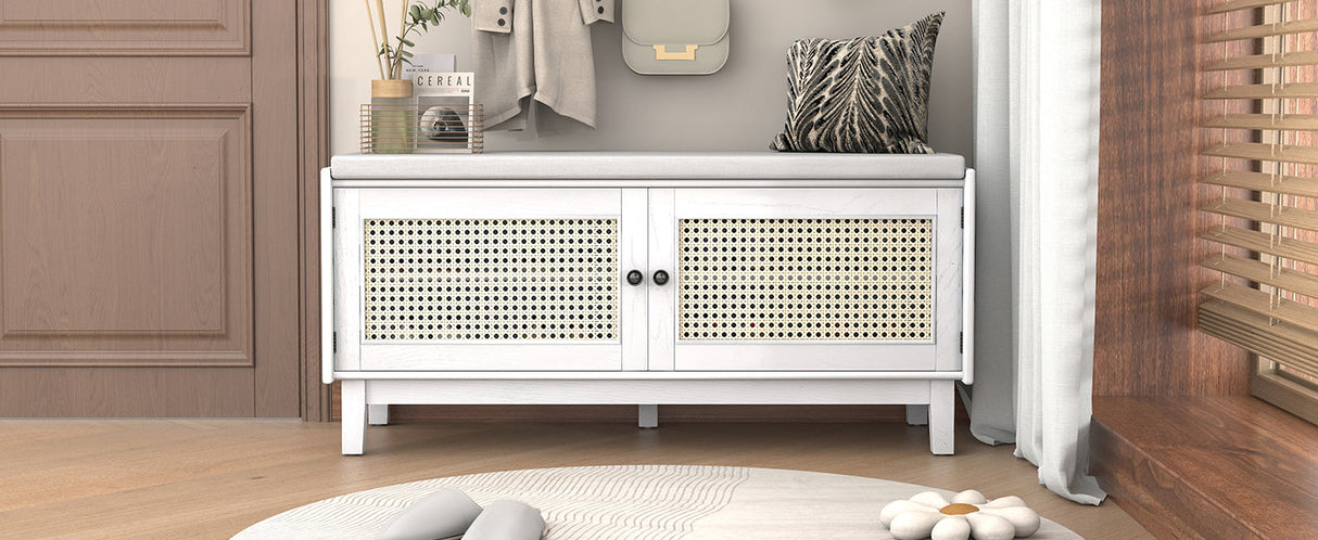 TREXM Boho Rattan Entryway Bench with Storage