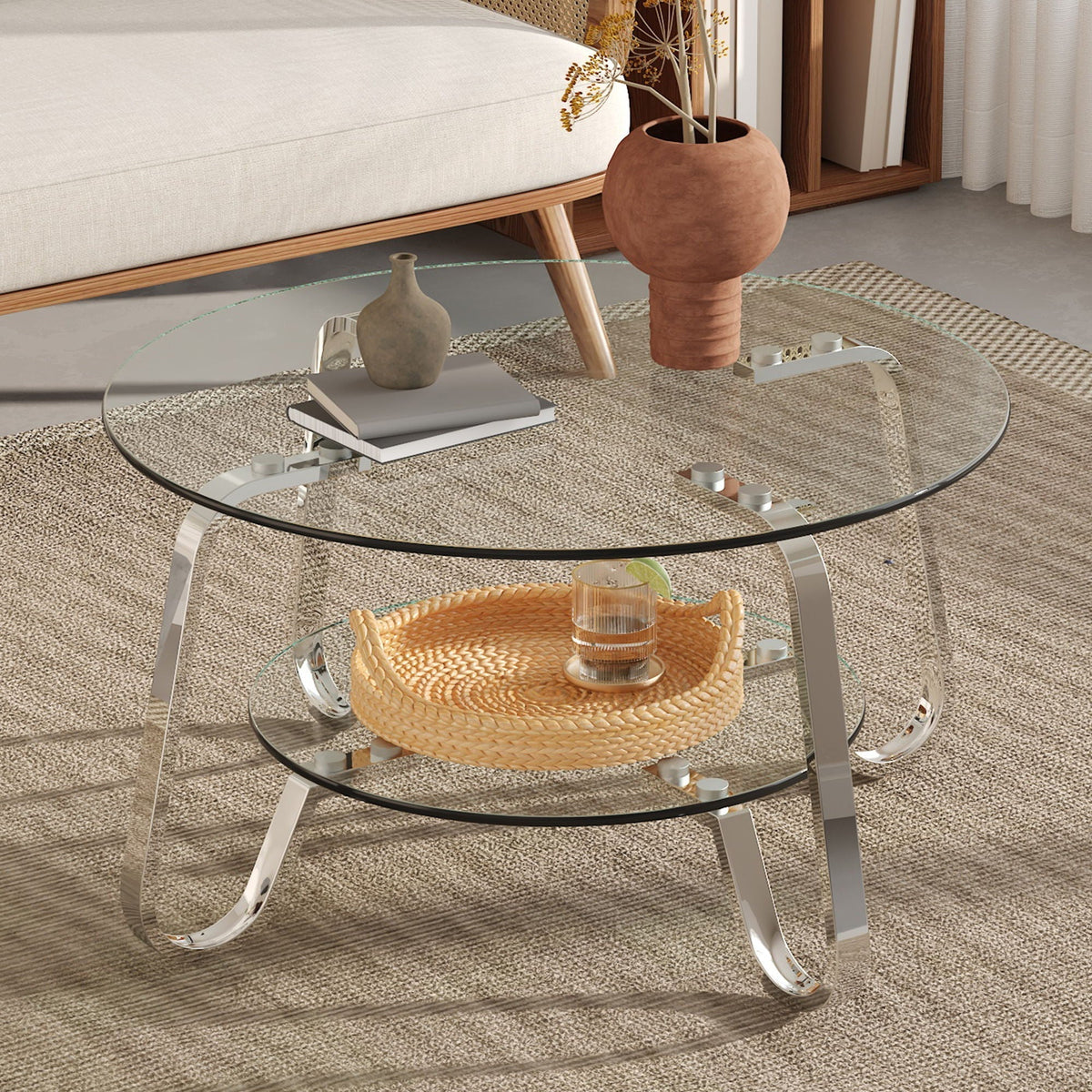 Double Layer Coffee Table with Double-Layer Glass - Pearl Silver, Gold, or Black