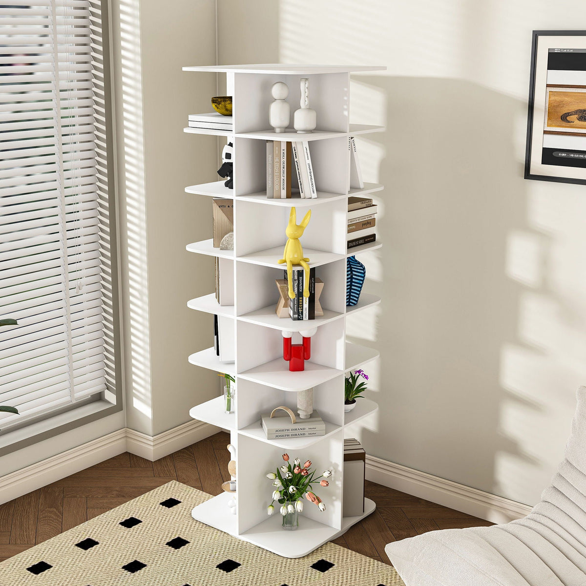 7 Tier Square Rotating Shoe Rack Tower with 360° Spinning Organizer - White