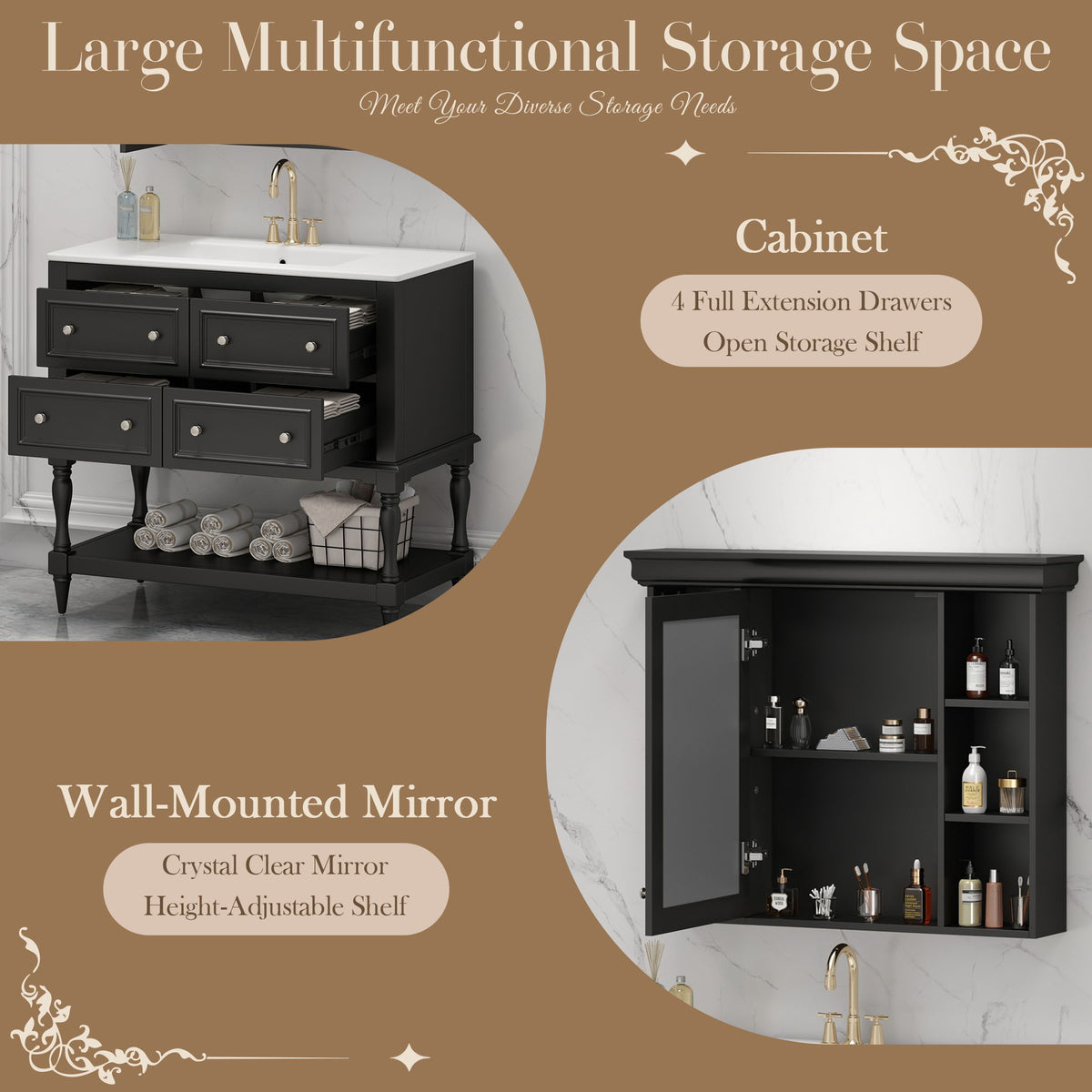 Bathroom Vanity With Medicine Cabinet, Storage Cabinet With 4 Drawers, Adjustable Shelf Mirror