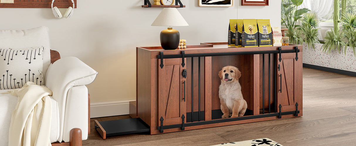 2 in 1 Dog Crate with Padded Seat Walnut 56'L Furniture Style