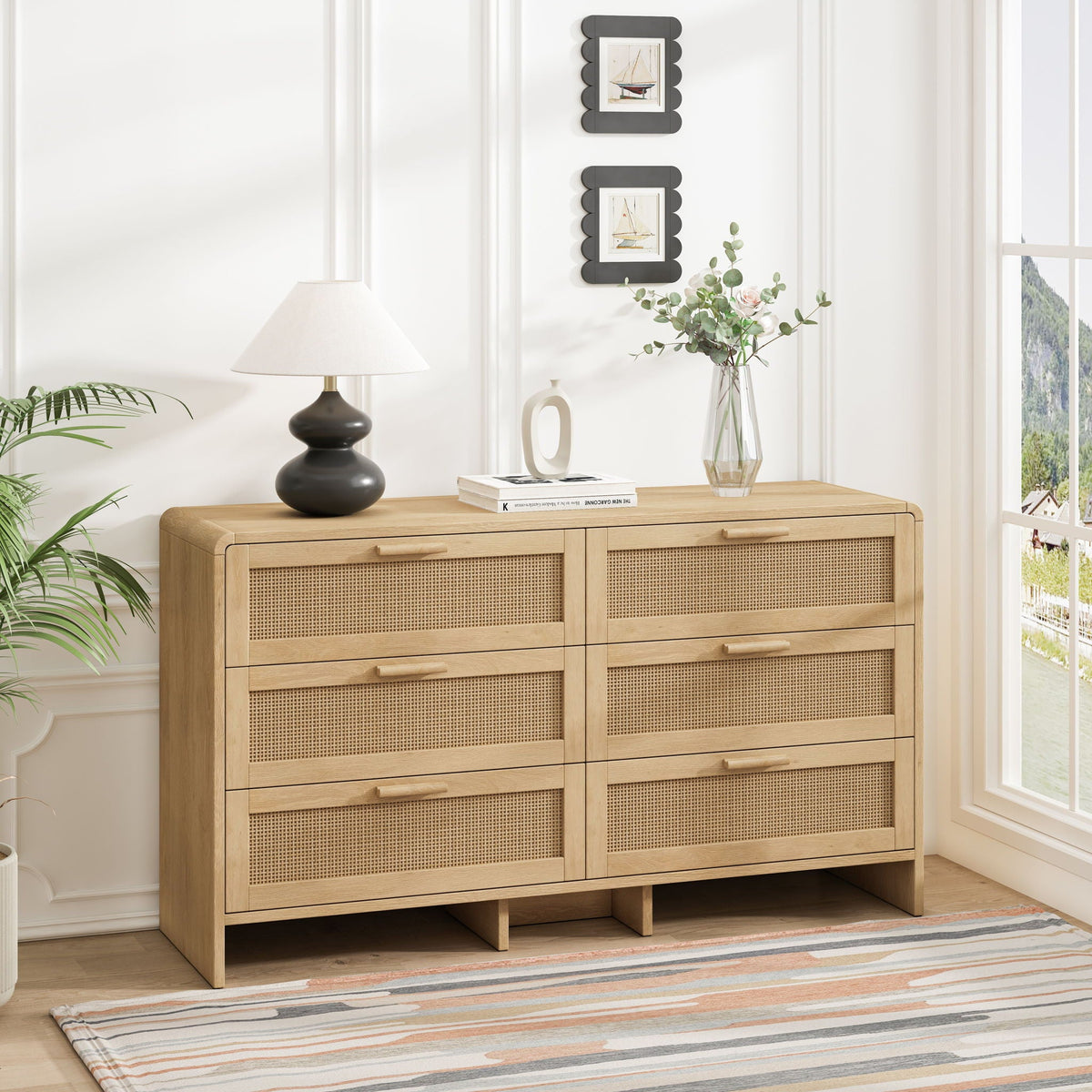 Modern Arc Shaped Corner Rattan Cabinet With 6 Drawers