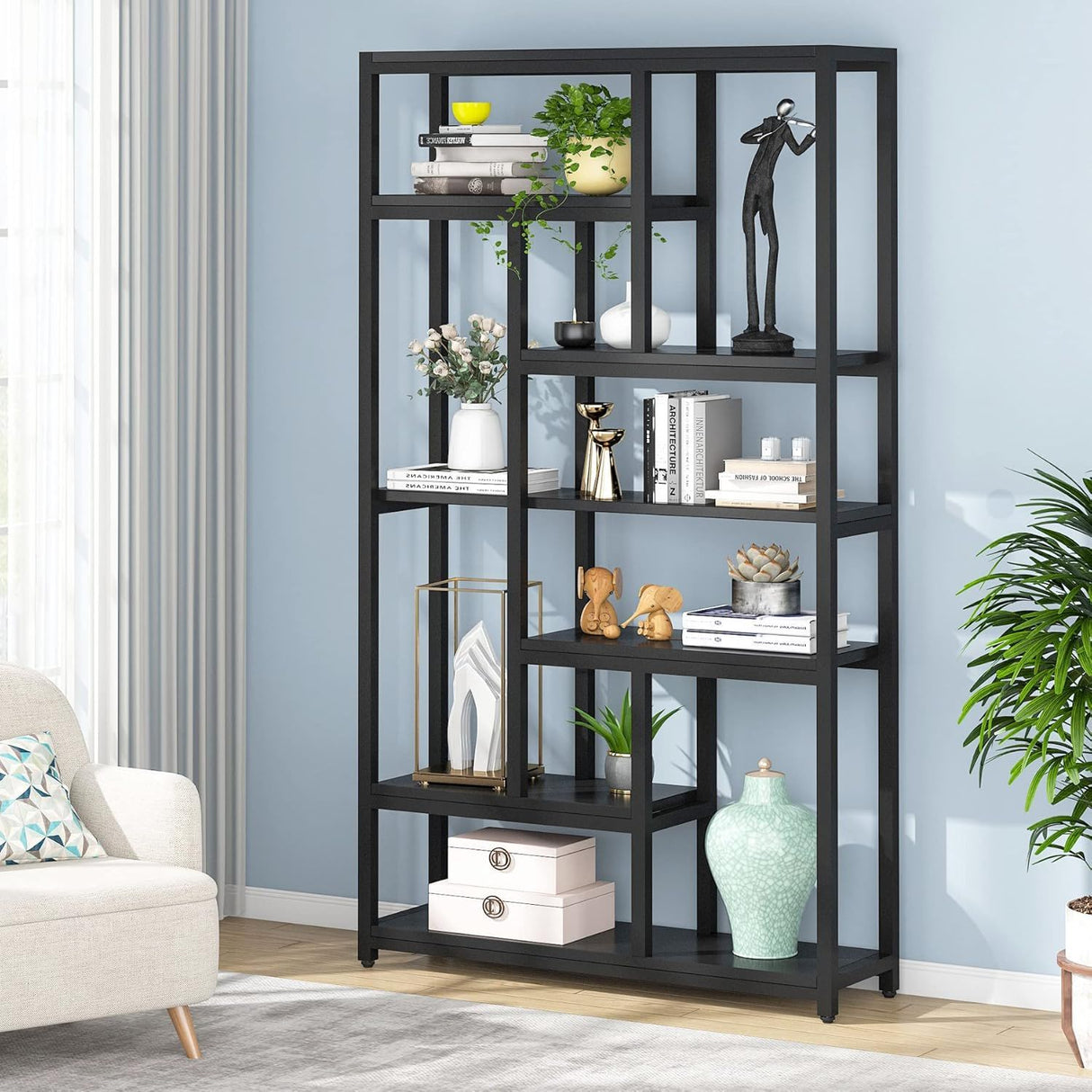 Extra Tall 7 Tier Industrial Etagere Bookcase With 10 Shelves Organizer