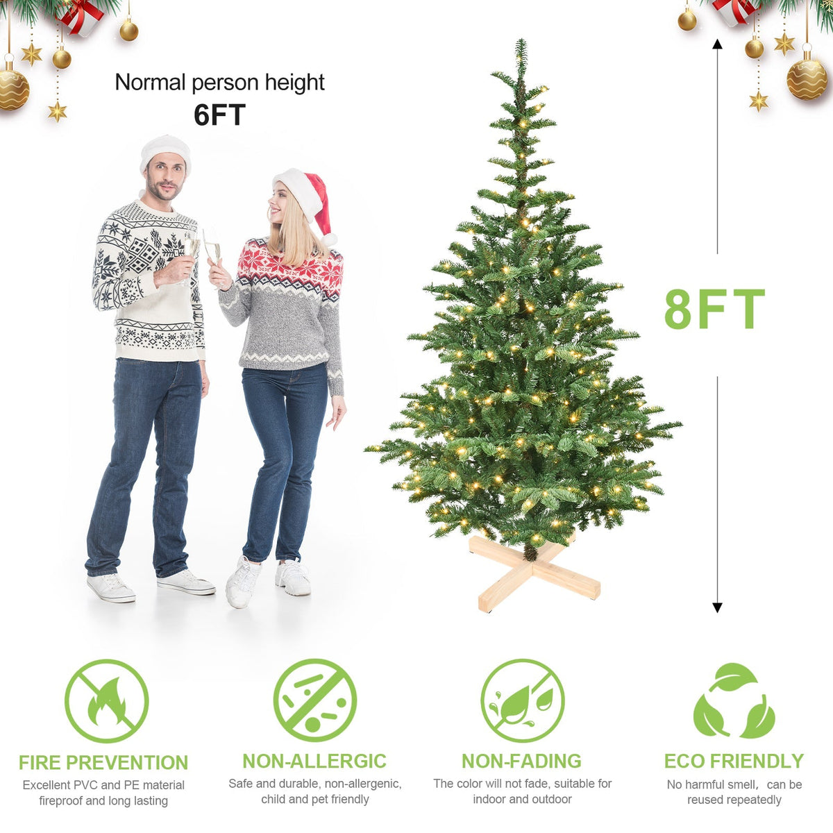 7ft Pre-Lit Christmas Tree with 400 Warm Lights - Rustic Wooden Base