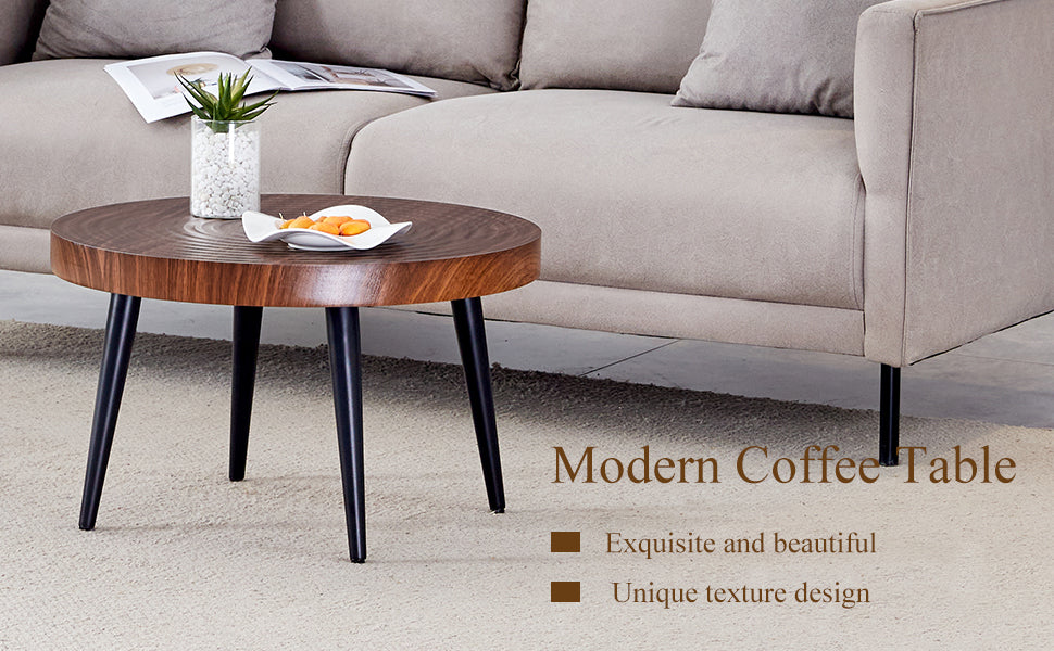 Modern Round Coffee Table - Walnut Pattern MDF And Black Metal Legs