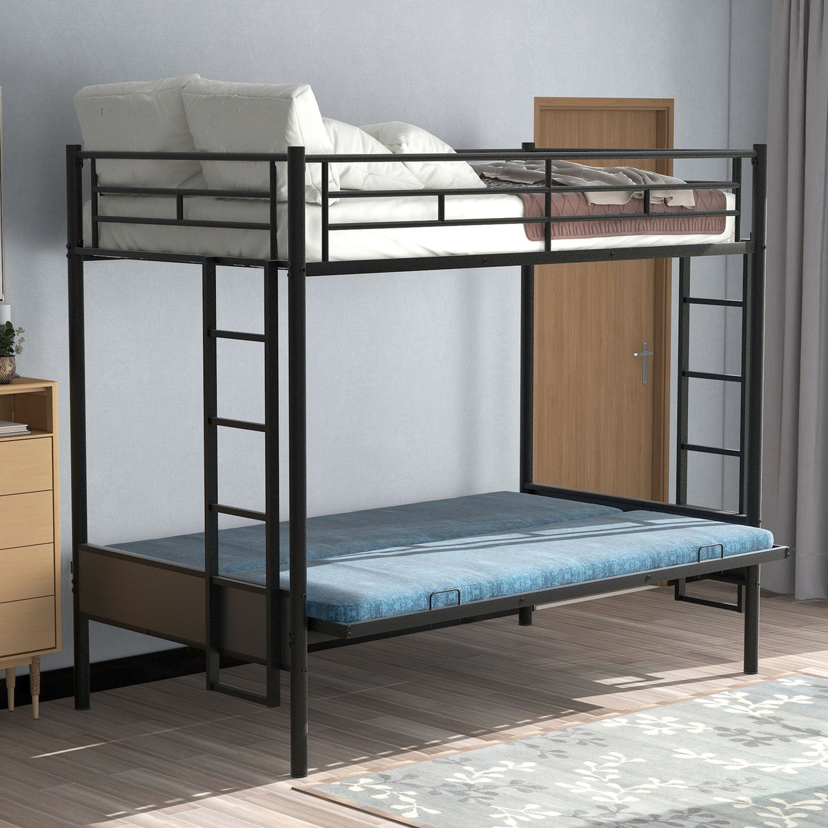 Twin Over Full Bunk Bed, Multifunction - Black