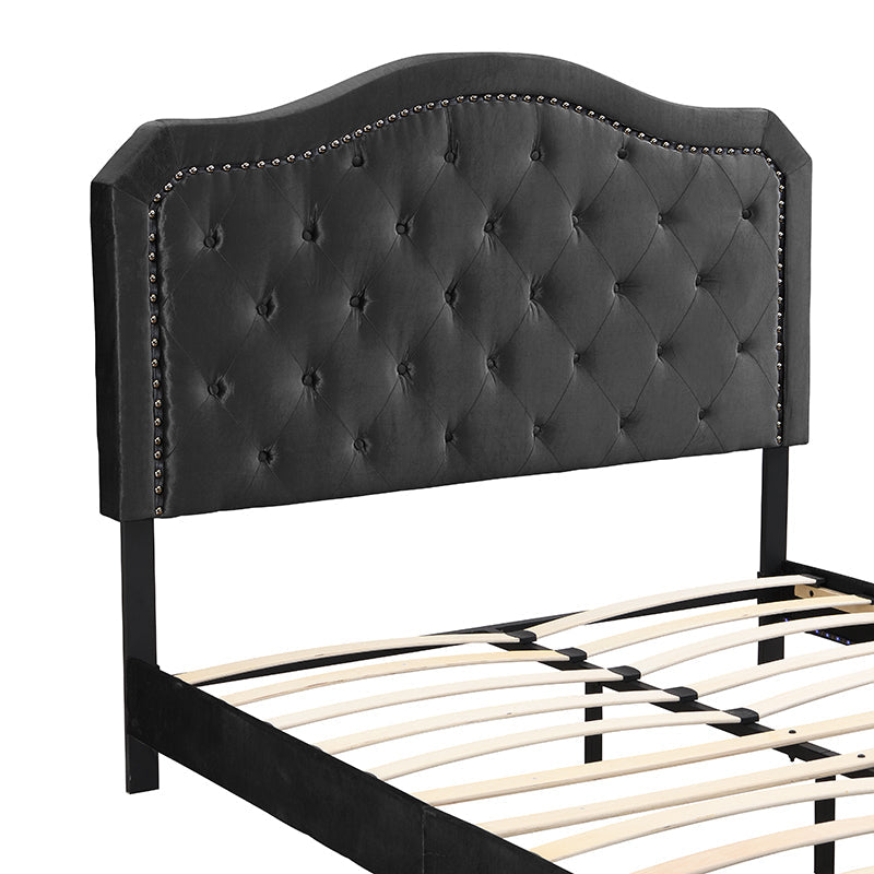 Queen Upholstered Bed Button Tufted with Curve Design