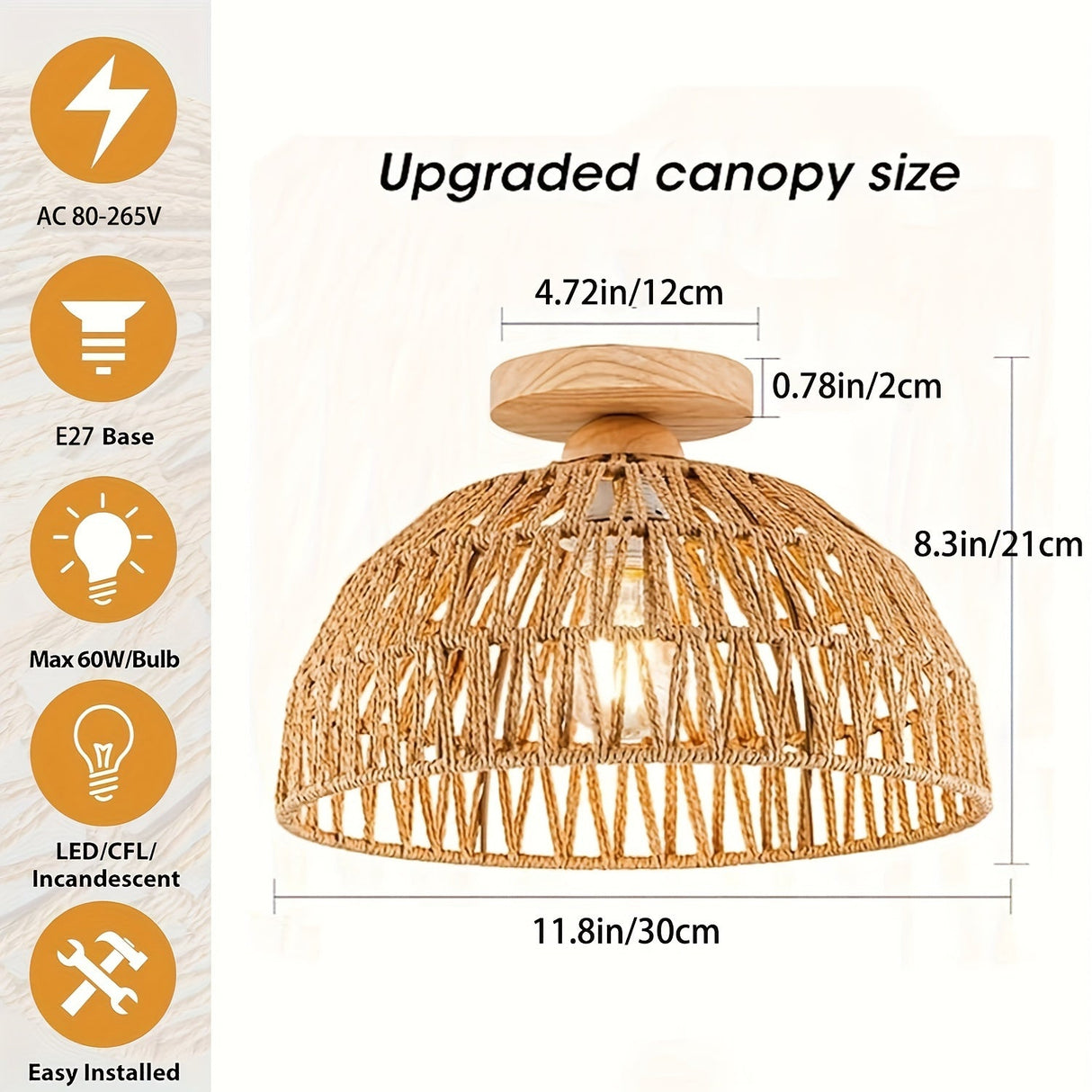 Boho Rattan Ceiling Light Flush Mount Handwoven Pendant Lamp for Bedroom