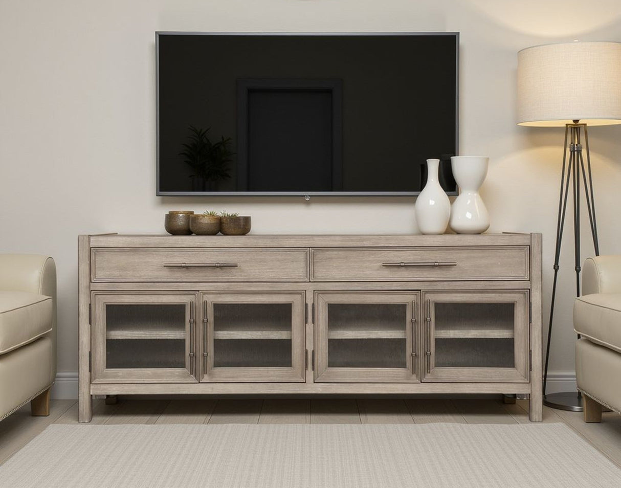 White Oak TV Console with Seeded Glass Doors