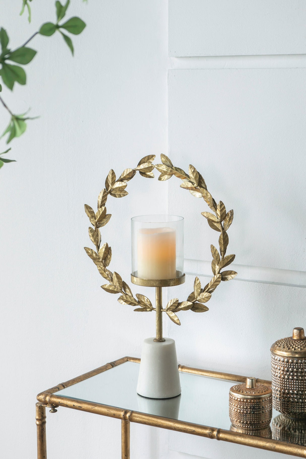 14.2x3.5x19.7" Iron Floral Hurricane With Marble Base