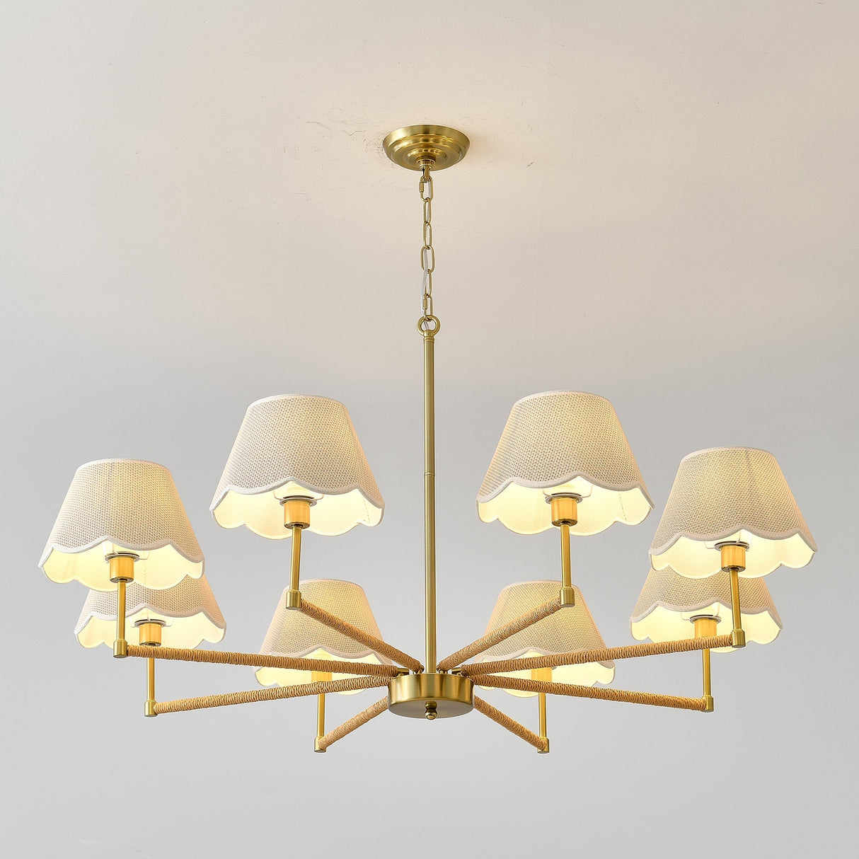 8-Light Rope and Fabric Shade Gold Chandelier