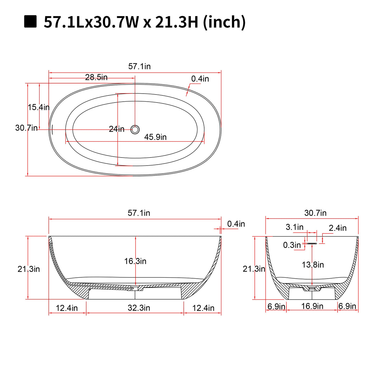 57'' Freestanding Bathtub Resin Stone Soaking Bathtub