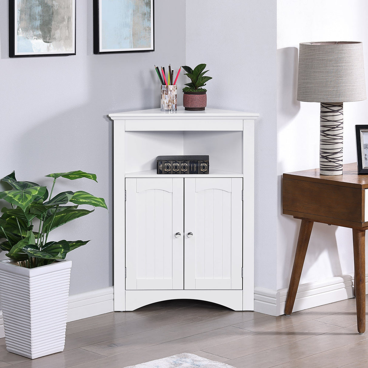 Bathroom Floor Corner Cabinet with Doors and Shelves