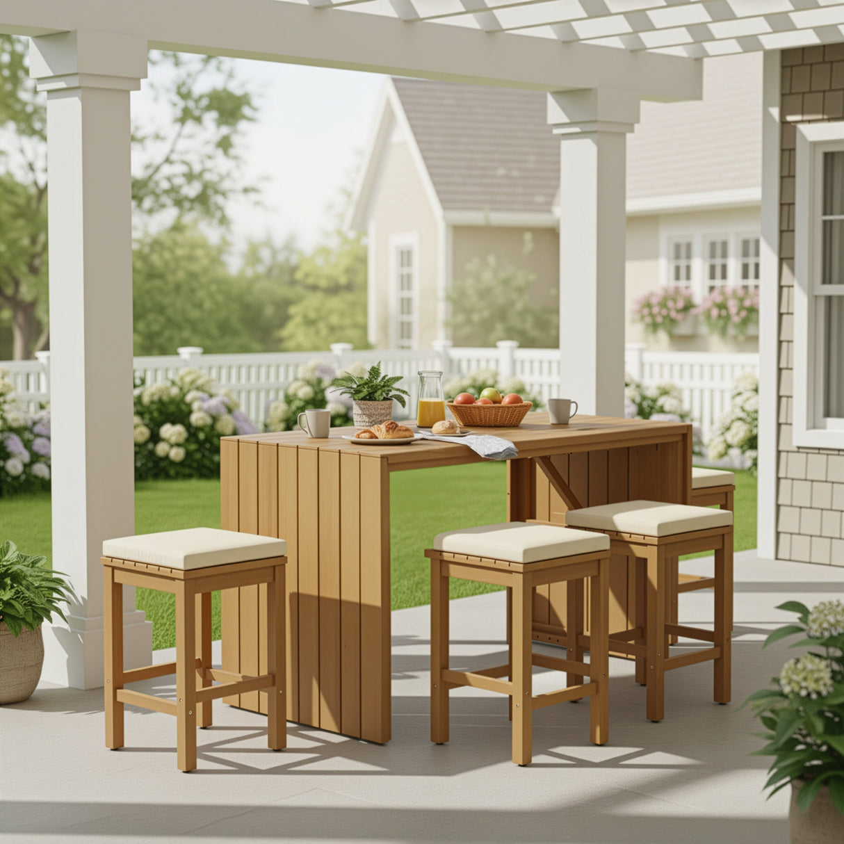 5 Piece Outdoor Bar Set with Acacia Wood Table and Cushioned Stools