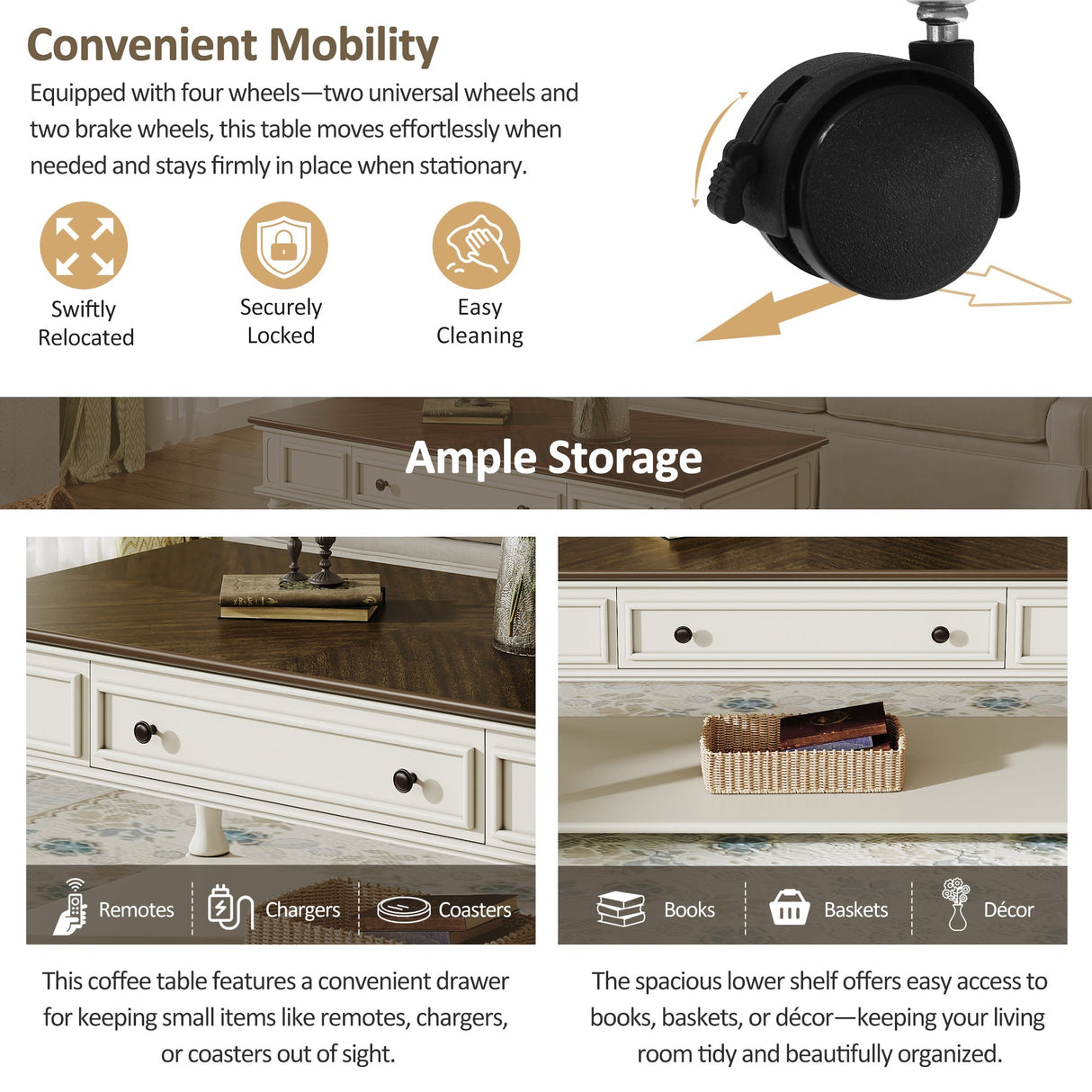 Farmhouse Coffee Table with One Drawer in Grey and White