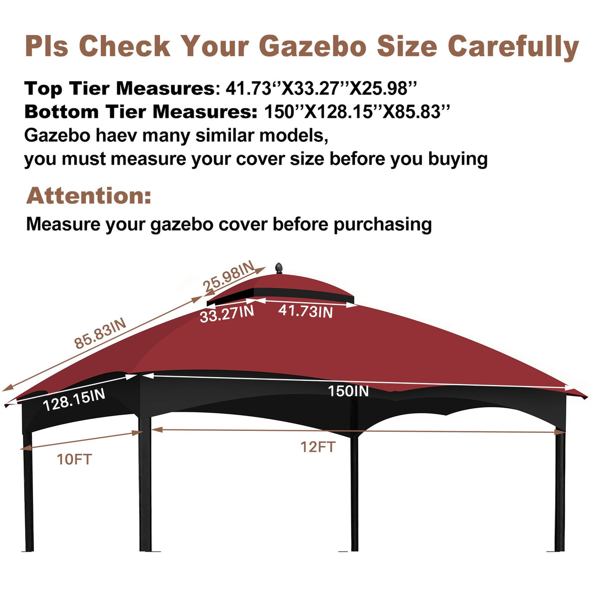 Replacement Canopy Top for 10x12 Gazebo with Air Vent and Mosquito Netting - Burgundy