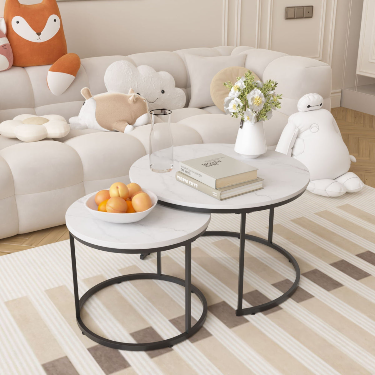 Round Nesting Coffee Table Set of 2 with Metal Base - Light Brown, White, or Black