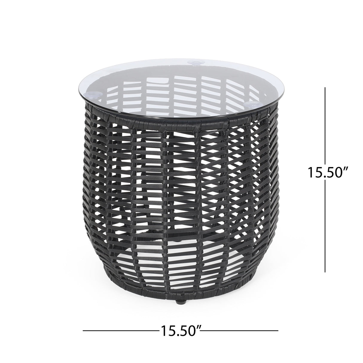 Boho ARIAS Side Table with Tempered Glass Top and Rattan Wrap, Black, 15.5 inches
