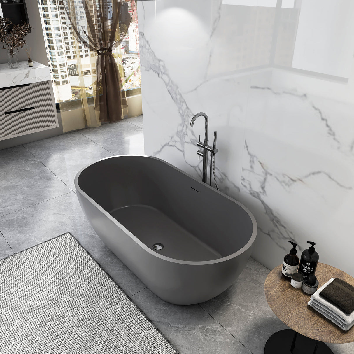 59 Inch Solid Surface Oval Freestanding Bathtub