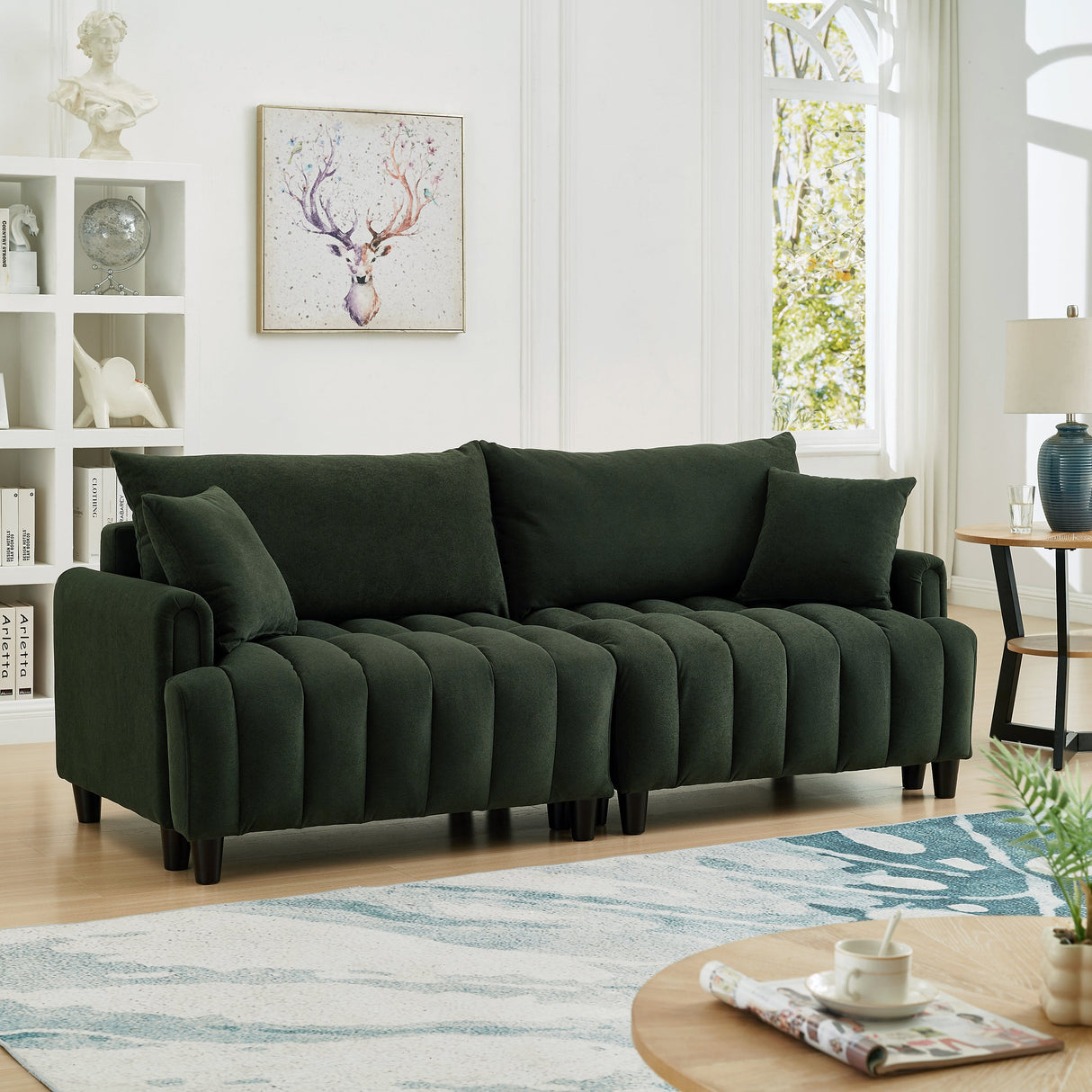 83'' Futon Sofa Bed with Polyester Fabric and 2 Pillows - Dark Green