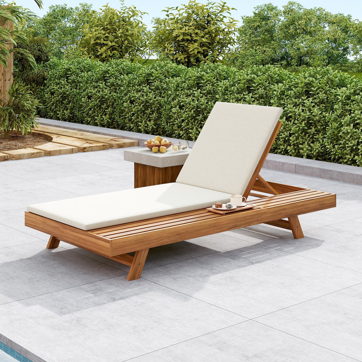 Lounge Chaise Set, Acacia Wood with Water-Resistant Cushions
