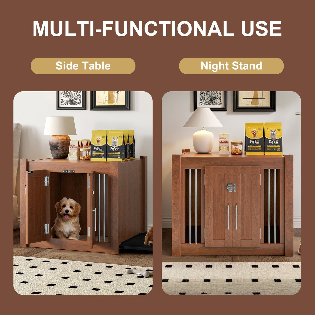 2 in 1 Walnut Dog Crate Night Stand with Storage