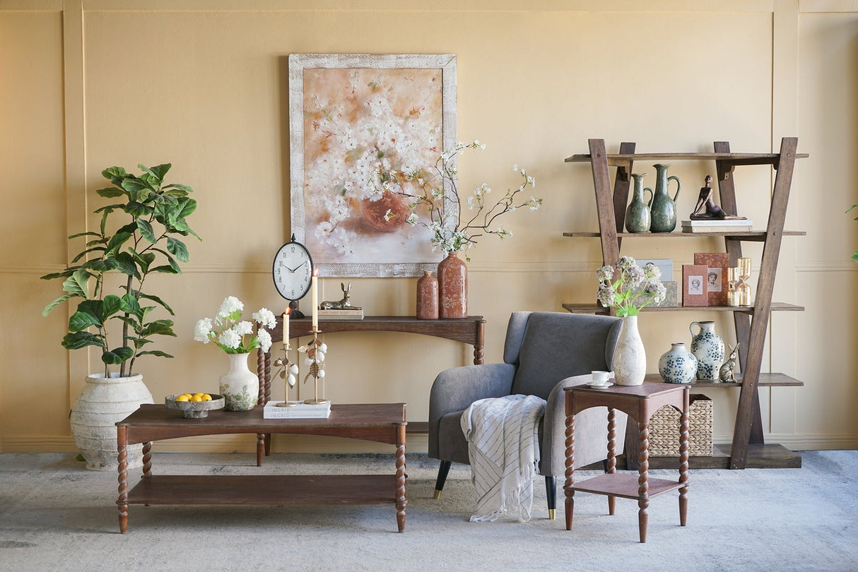 Rustic Brown Wood Coffee Table with Turned Spiral Legs and Lower Shelf