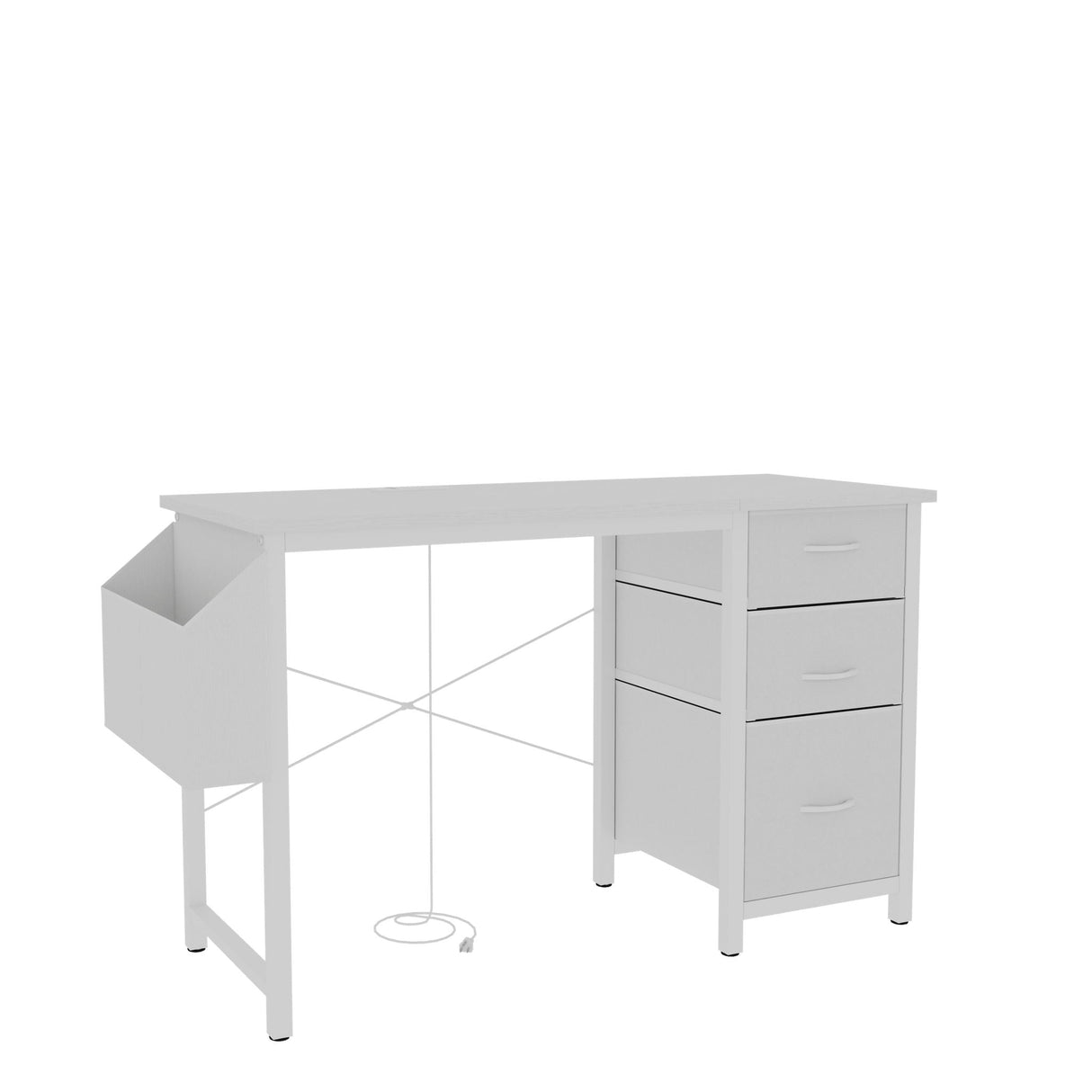 Office Desk With Power Outlet, 3 Drawers And Side Pocket For Office - White