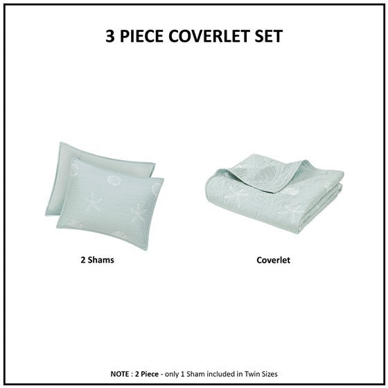 4 Piece Cotton Reversible Embroidered Quilt Set with Throw Pillow Aqua King/Cal King