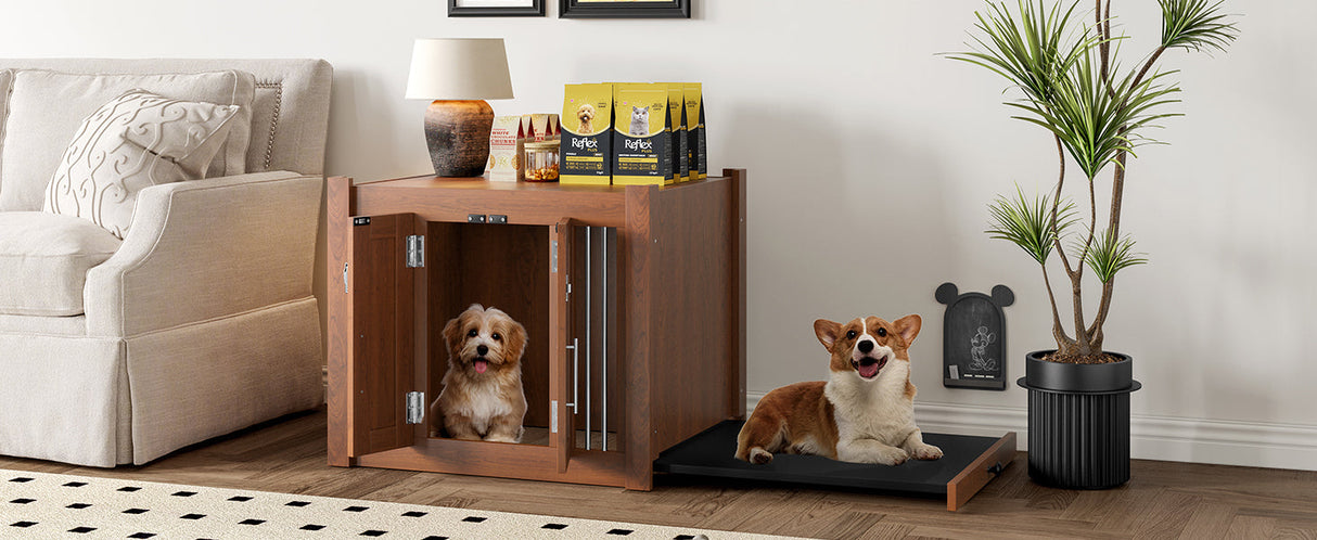 2 in 1 Walnut Dog Crate Night Stand with Storage