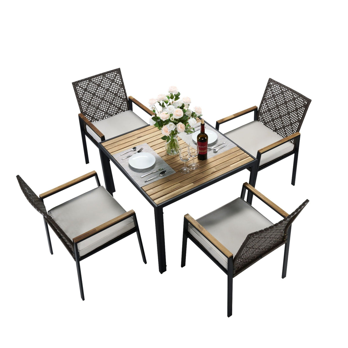 5 Piece Patio Dining Table Set, Acacia Wood Table Top With Umbrella Hole